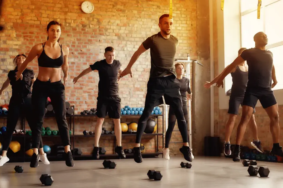 Group workout in an open courtyard